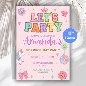 Op de afbeelding: Een roze verjaardagsfeestuitnodiging met de tekst "LET'S PARTY" in kleurrijke letters. De uitnodiging bevat de naam "Amanda's" en details voor een 8e verjaardagsfeest, met een eenhoorn en discobal.