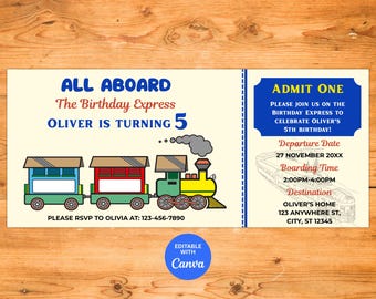 Train Ticket Birthday Invitation Party Editable Template, All Aboard The Birthday Express Invite, Edit in Canva, Instant Download