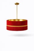 Red Velvet Fringe Pendant Light, Gold Interior Drum Lampshade, Boho Glam Lighting