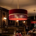 Velvet Fringe Pendant Light, Gold Interior Drum Lampshade, Boho Glam Lighting