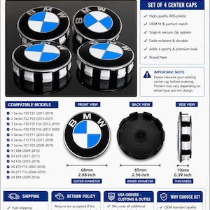 May include: A set of four black and silver BMW wheel centre caps. Each cap features the BMW logo in blue and white. The outer diameter is 68mm, and the thickness is 10mm. These caps are designed for a perfect fit.