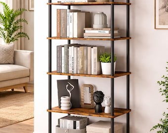 6-Tier Rustic Brown Storage Shelf, Slim Standing Shelving Unit, Modern Charm Home Decor