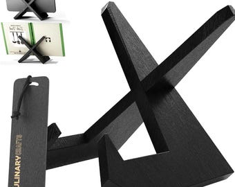 Black Wooden Recipe Book Stand, Tablet Holder, Hands-Free Display