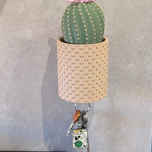 Op de afbeelding: Een decoratieve sleutelhouder met een groene cactus en een roze bloem in een beige pot met een ruitpatroon. Een metalen ring houdt sleutels vast, waaronder een met een decoratieve bedel. De sleutelhouder is aan een grijze muur bevestigd.