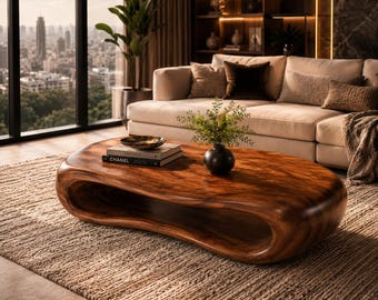 Organic Wood Coffee Table, Sculptural Wave Live Edge Solid Wood Center Table, Rustic Modern Boho Living Room Furniture, Handmade Decor