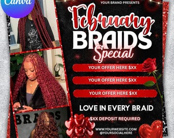 February Braid Flyer, Braids Price List, Valentines Day Hairstylist Social Media, Braids Special Template