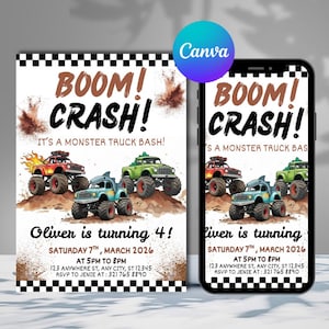 Monster Truck Birthday Invitation: Boom Crash Bash, Editable Canva Template (Digital Download, 5x7in)