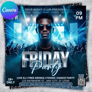 Può includere: Un volantino promozionale per una festa del venerdì sera. L'immagine presenta un uomo con occhiali da sole di fronte a una folla. Il volantino include il testo "FRIDAY Party", "LIVE DJ | FREE DRINKS | FOODS | DANCE PARTY" e "18+ ONLY".