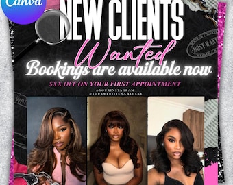 New Clients Booking Flyer | Book Now Flyer | New Client Special | Makeup, Hair, Lashes, Nails | DIY Canva Template | Love in the Hair