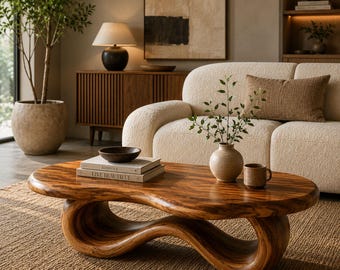 Mesa de centro de madera escultural orgánica, mesa de centro de madera maciza hecha a mano, mesa de salón rústica moderna