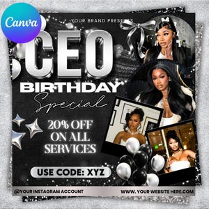 May include: A black and silver promotional graphic with the text "CEO BIRTHDAY Special" and "20% OFF ON ALL SERVICES". The graphic includes images of women, balloons, and the text "USE CODE: XYZ".