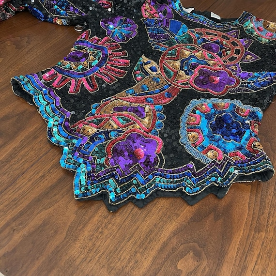 Laurence Kazar Top (L) 80s Glam Sequin Beaded Max… - image 14