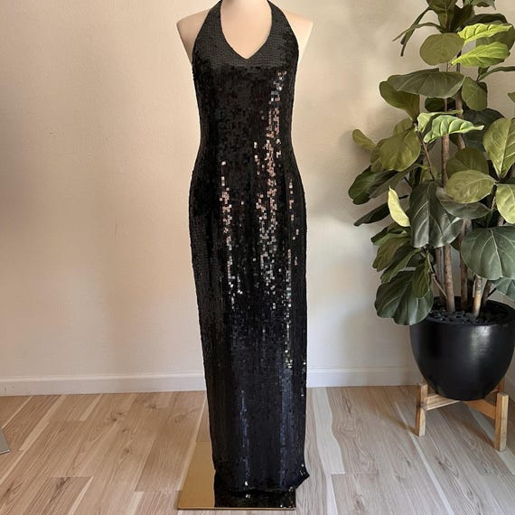 Vintage Basix II Silk Sequin Halter Evening Gown Cocktail Backless 