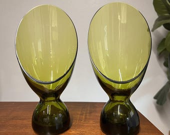Pair of MCM Retro Morgantown Coronet Slant Glass Hurricane Candle Holder Moss Green