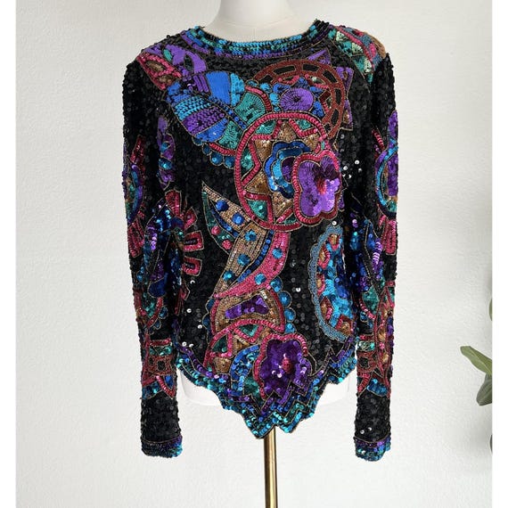 Laurence Kazar Top (L) 80s Glam Sequin Beaded Max… - image 2