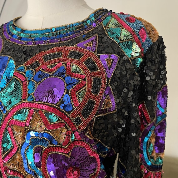 Laurence Kazar Top (L) 80s Glam Sequin Beaded Max… - image 1