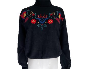 Vintage Obermeyer Sweater (S) Lillian Wool Blend Embroidered Nordic Flower Black