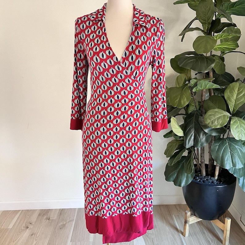 Boden Jersey Midi Dress Sz 6 Long Sleeve Front Wrap Mid MCM Retro Anthropologie image 1