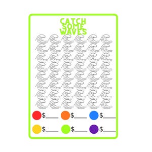 May include: A white savings tracker with a green border and the text "CATCH SOME WAVES" in green. The tracker features rows of wave illustrations and colored circles with dollar signs for tracking savings goals.
