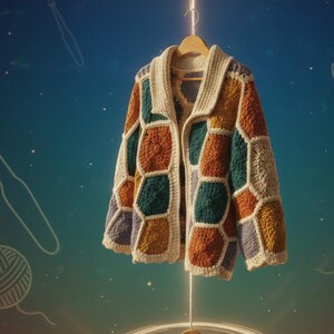 May include: A colorful, handmade crochet jacket with a geometric pattern in shades of orange, green, beige, and blue. The jacket is displayed on a wooden hanger against a blue background with crochet hook and yarn illustrations.