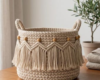 Patrón de cesta de ganchillo estilo boho, flecos de macramé, punto de chaleco, tutorial para principiantes (descarga en PDF)