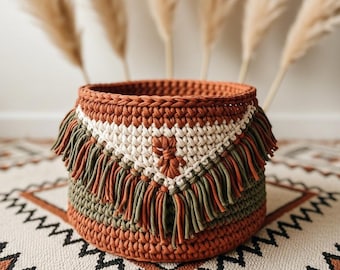 Boho Crochet Basket Pattern, Beginner Macrame Style Storage, Fringe Detail (PDF Download)