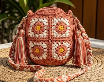 Crochet Granny Square Bag Pattern, Daisy Flower Bucket Bag Tutorial (PDF)