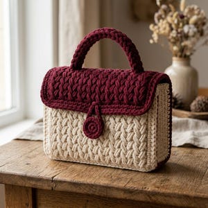 May include: A structured handbag crafted from crochet yarn, featuring a cream-colored body with a vertical braided stitch pattern and a deep burgundy flap, handle, and circular button closure that secures the front of the bag.