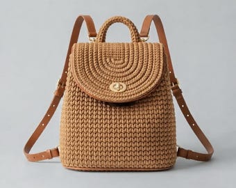 Crochet Backpack Pattern, Amigurumi Style Bag Tutorial with Leather Base (PDF Download)
