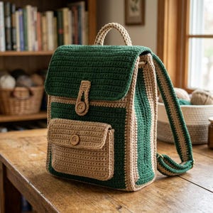 May include: A crochet backpack featuring a dark green main body and flap with tan accents on the front pocket, straps, and trim. The bag includes a top handle, two wooden buttons for closure, and adjustable shoulder straps with a textured stitch.