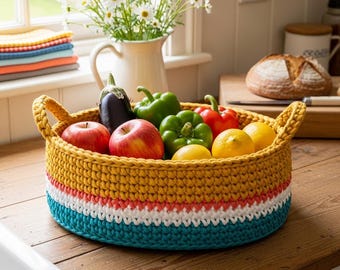 Handmade T-shirt Yarn Crochet Basket | Boho Rainbow Fruit Bowl, Modern Home Decor