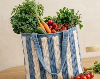 Crochet Market Bag Pattern, Ribbed Striped Tote, Beginner Friendly Grocery Bag (PDF Download)
