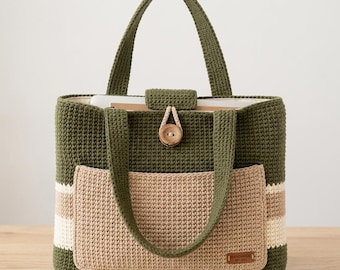 Crochet Laptop Tote Bag Pattern, Striped Tote with Pocket (Digital Download)