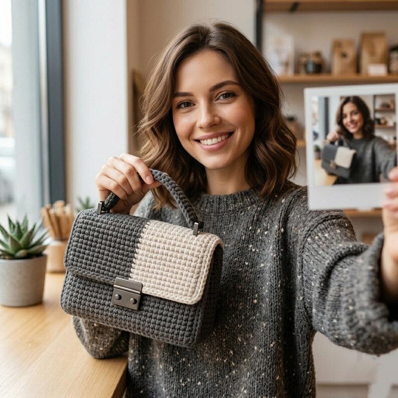 May include: A gray and cream-colored crochet handbag with a silver clasp and handle. The bag is held up by a person. A small succulent plant is in the background. A photo of the person holding the bag is also in the image.