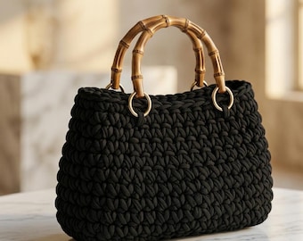 Crochet Bag Pattern, T-Shirt Yarn Tote, Bamboo Handles (PDF Download)