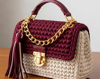 Zweifarbiges Handtaschen-Muster gehäkelt | T-Shirt Garn Umhängetasche mit Quaste (Digital PDF)