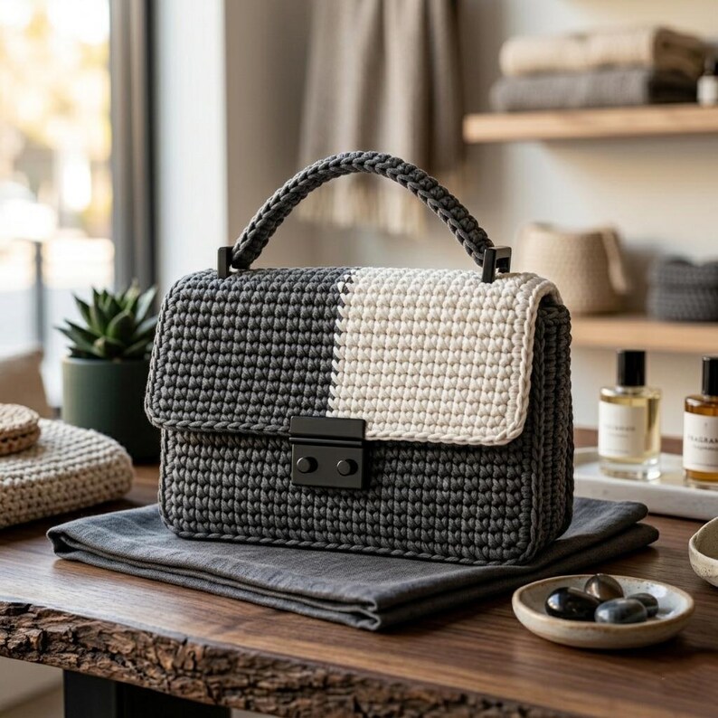 May include: A handmade crochet handbag in a two-tone design, featuring a dark gray body and a cream-colored flap. The bag has a matching gray handle and a black clasp. It rests on a gray cloth on a wooden surface.
