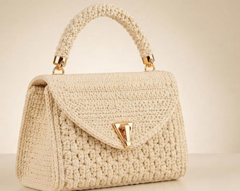 Crochet Handbag Pattern, Textured Clutch Tutorial, Cream Top Handle Bag (PDF Download)
