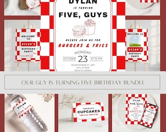 May include: A birthday party bundle with a red and white checkered theme. Includes invitations, welcome signs, menu cards, and water bottle labels. The text reads "Dylan is turning five" and "Burgers & Fries."