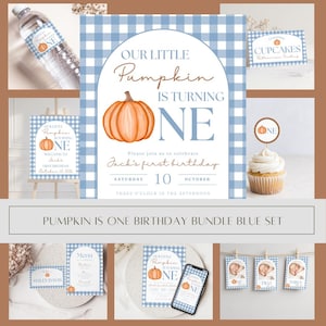 May include: A blue and white gingham birthday party bundle featuring a pumpkin graphic and the text Our Little Pumpkin Is Turning One. The set includes a welcome sign, invitation, water bottle labels, cupcake toppers, menu cards, and monthly photo banners.