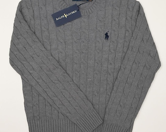 Ralph Lauren Vintage Cable Knit Cotton Women’s  Long Sleeve Jumper Embroidered Polo Logo