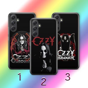 May include: Three black phone cases featuring Ozzy Osbourne. Case 1 has an image of Ozzy with angel wings and the text "Ozzy Osbourne". Case 2 has Ozzy with the text "Ozzy". Case 3 has Ozzy in a coffin with the text "Ozzy Osbourne".