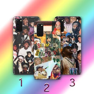 May include: Three phone cases with collages of images. Case 1 features a black and white collage of people. Case 2 has a collage with the text "SKI MASK THE SLUMP GOD". Case 3 has a collage of people with jewelry.