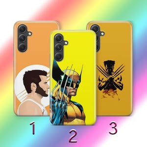 May include: Three phone cases featuring Wolverine from Marvel Comics. The cases are orange and yellow, with illustrations of Wolverine in various poses. The cases are numbered 1, 2, and 3.