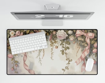 Vintage Floral Ribbon Desk Mat | Rose Garden Mousepad Desk Mat