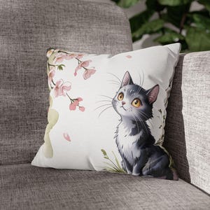 Funda de almohada con gatito en flor de cerezo / Cojín decorativo cuadrado de poliéster