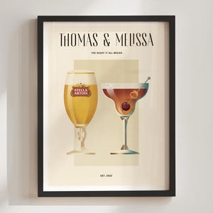 Spersonalizowany wydruk napojów dla par, spersonalizowane koktajle w stylu art déco, ilustracje ulubionych drinków, sztuka barowa, prezent na rocznicę ślubu