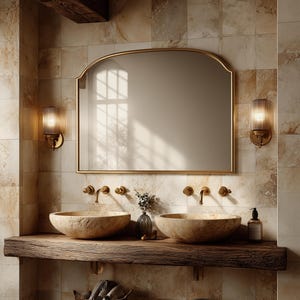 Puede incluir: Un mueble de baño con una encimera de madera rústica gruesa que sostiene dos lavabos redondos de piedra texturizada. Sobre los lavabos, un gran espejo arqueado con un marco dorado fino está montado en una pared de azulejos de piedra beige.