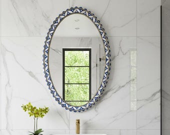 Handmade Moroccan Oval Mirror – Blue and White Bone Inlay Wall Decor
