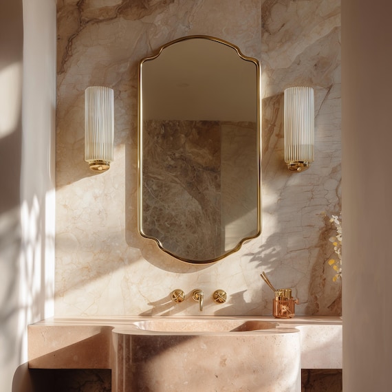 Elongated Scalloped Brass Mirror – Handmade Moroccan Unlacquered Brass Wall & Vanity Mirror